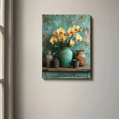 Beautiful Yellow Orchids In An Emerald Vase Painting 60x90cm Metal Print Ready to Hang
