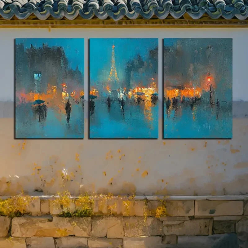 3pcs Vibrant Nighttime Eiffel Tower & Rainy Street Metal Print Ready to Hang Art