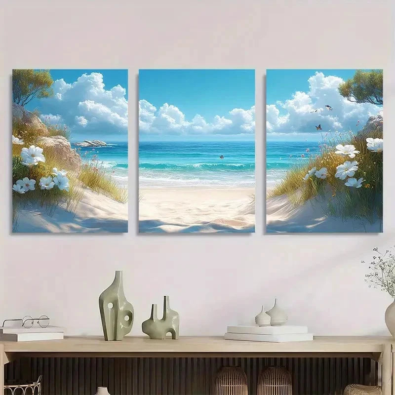 3pcs Vibrant Coastal Scene with White Flowers Metal Print Ready to Hang Art