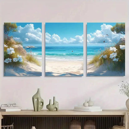 3pcs Vibrant Coastal Scene with White Flowers Metal Print Ready to Hang Art