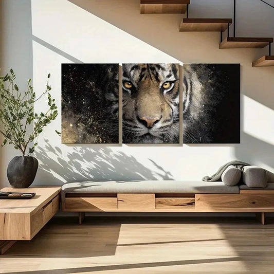 3pcs Tiger Face Artistic Golden Eyes & Abstract Metal Print Ready to Hang Art