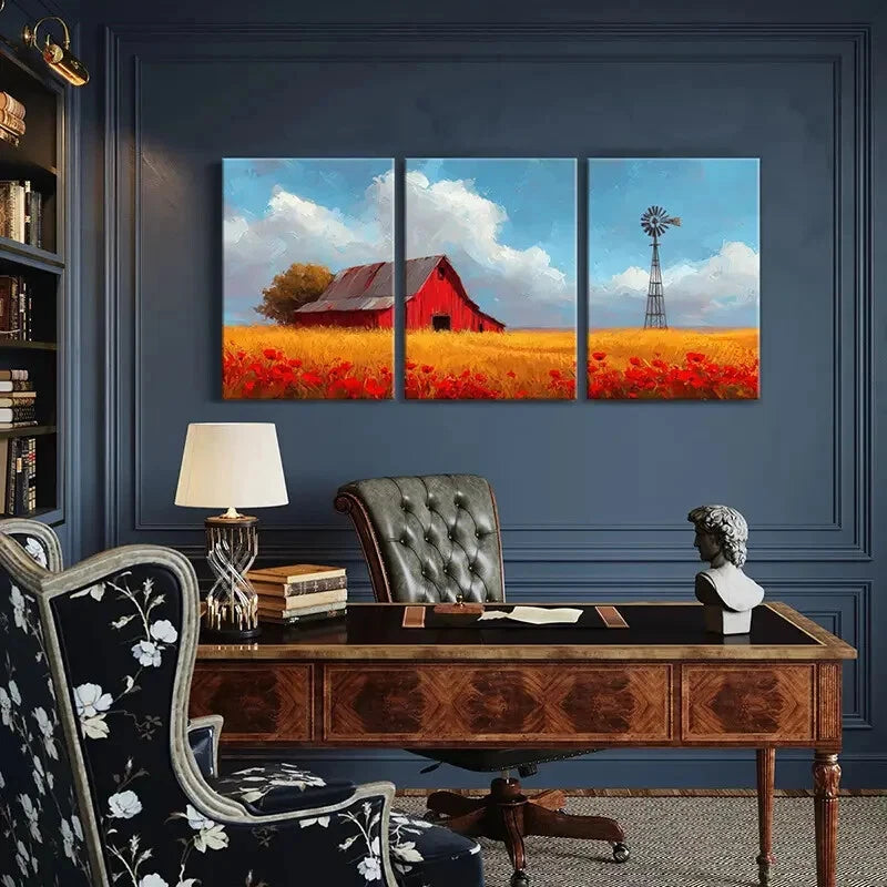 3pcs Windmill Golden Field Poppy Flowers Metal Print Ready to Hang Art