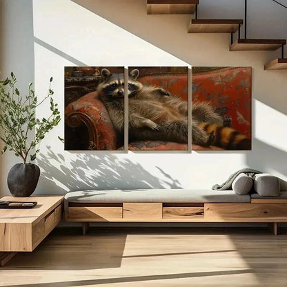 3pcs Raccoon Lying In Ornate Armchair Wall Art Set Canvas Framed 40x60cm - High Quality Print 100% Australian Made Wall Canvas Ready to Hang