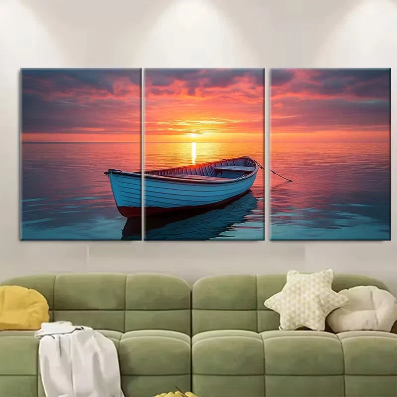 3pcs Serene Sunrise Fisherman'S Boat Design Metal Print Ready to Hang Art