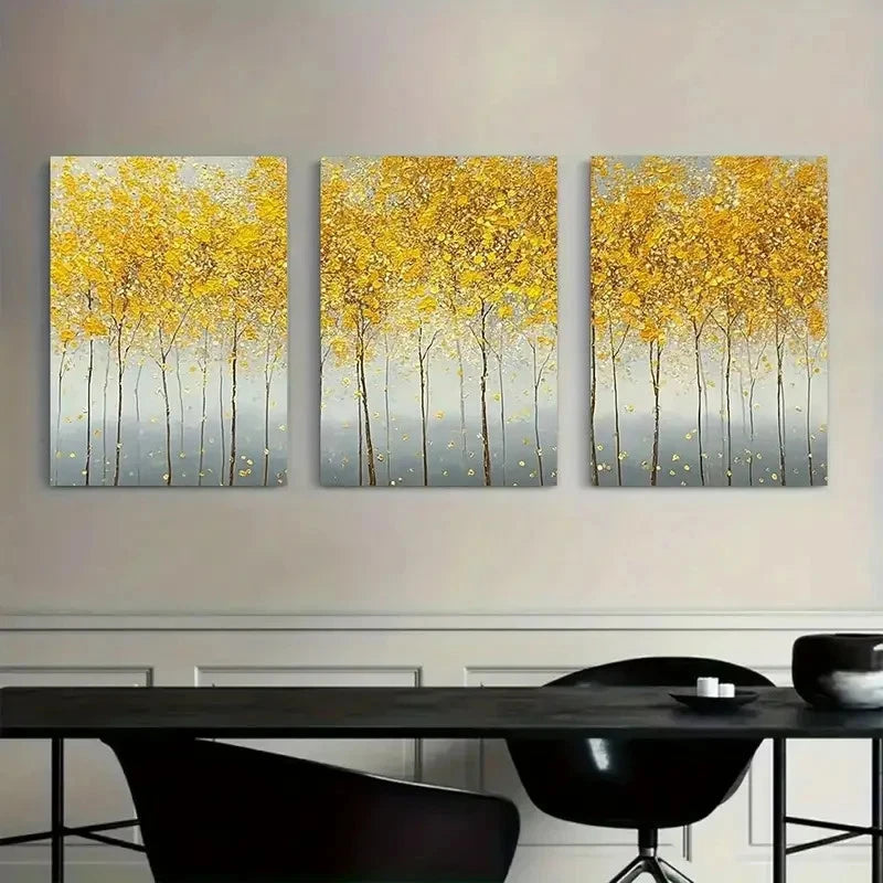 3pcs Painting of Yellow Leaves on Trees Metal Print Ready to Hang Art