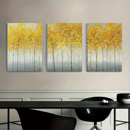 3pcs Painting of Yellow Leaves on Trees Metal Print Ready to Hang Art