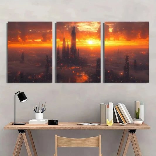 3pcs Dystopian Metropolis Sunset Metal Print Ready to Hang Art