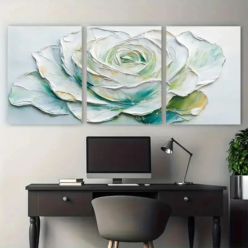 3pcs White Rose Floral Textured illustration Metal Print Ready to Hang Art