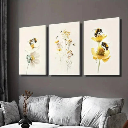3pcs Flowers and Bees Collecting Nectar Wall Art Set Canvas Framed 40x60cm - High Quality Print 100% Australian Made Wall Canvas Ready to Hang