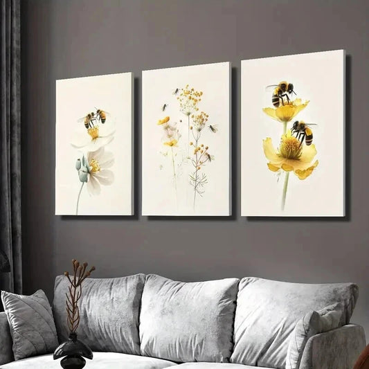 3pcs Flowers and Bees Collecting Nectar Wall Art Set Canvas Framed 40x60cm - High Quality Print 100% Australian Made Wall Canvas Ready to Hang