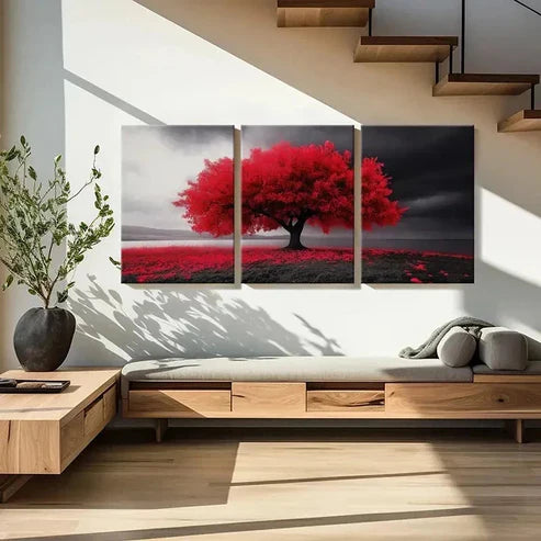 3pcs Serene Red Tree & Dark Sky Vibrant Wall Art Set Canvas Unframed - High Quality Print 100% Australian Made Wall Canvas