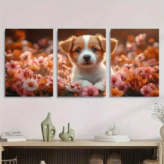 3pcs Adorable Puppy & Floral Modern Style Metal Print Ready to Hang Art