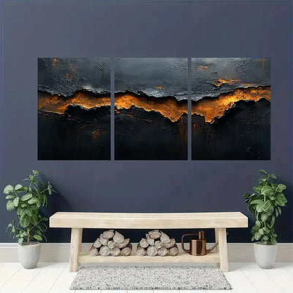 3pcs Abstract Black and Brown Textured Metal Print Ready to Hang Art