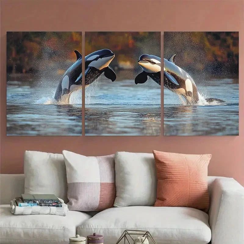 3pcs Orca Leaping Killer Whales in Ocean Sea Wall Art Set Canvas Framed 50x70cm - High Quality Print 100% Australian Made Wall Canvas Ready to Hang