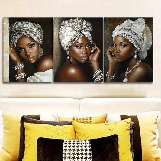 3pcs Elegant African Women Canvas Art Prints Metal Print Ready to Hang Art