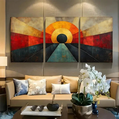 3pcs Mid Century Modern Sunburst Abstract Design Metal Print Ready to Hang Art