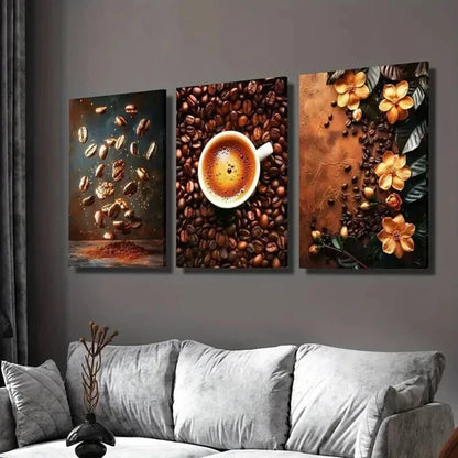 3pcs Coffee Beans & Cup of Coffee Decoration Wall Art Set Canvas Unframed - High Quality Print 100% Australian Made Wall Canvas