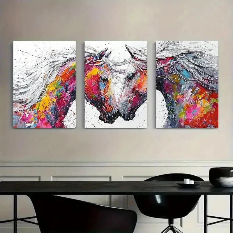 3pcs Two Horses with Flowing White Manes Metal Print Ready to Hang Art