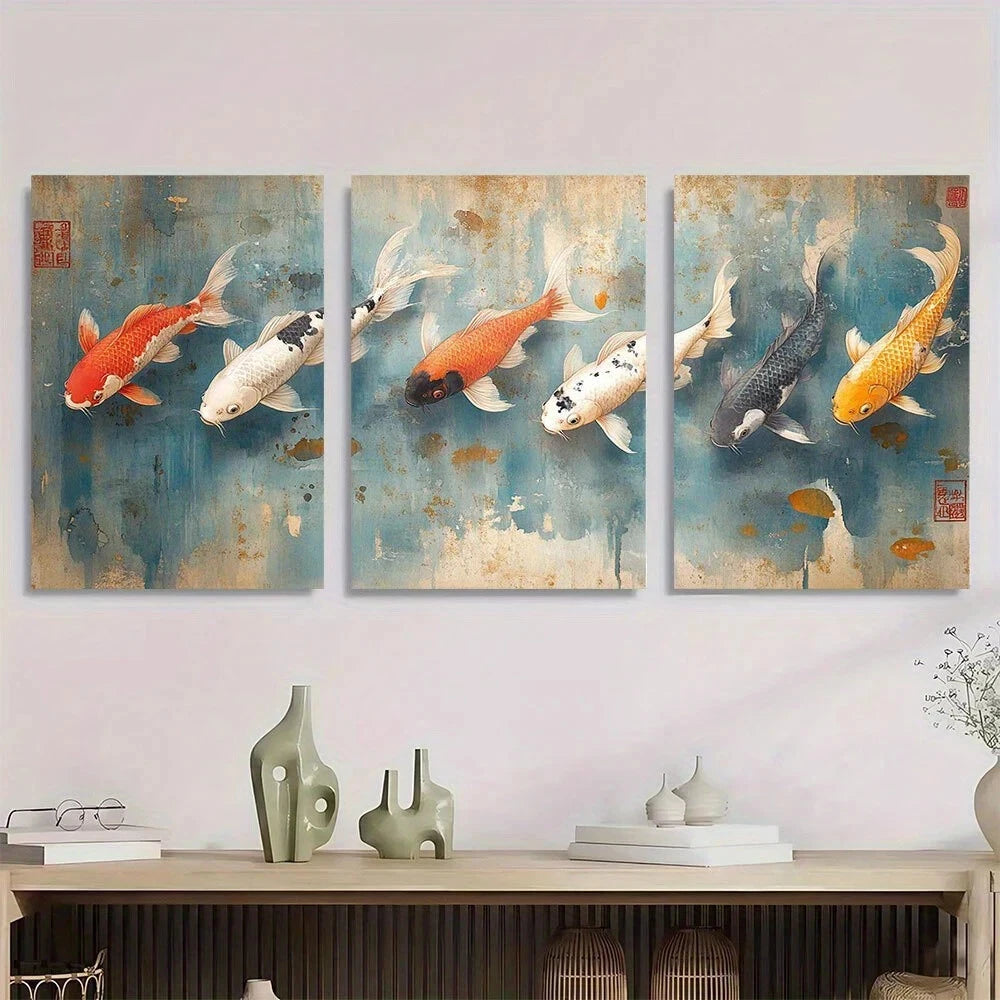 3pcs Abstract Koi Fish Design Oil Painting Metal Print Ready to Hang Art