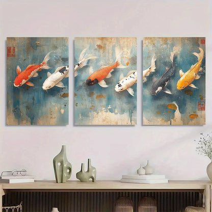 3pcs Abstract Koi Fish Design Oil Painting Metal Print Ready to Hang Art