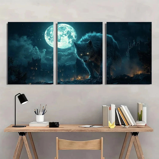 3pcs Halloween Horror Full Moon Werewolf Metal Print Ready to Hang Art