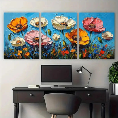 3pcs California Poppy Abstract Flowers Impasto Metal Print Ready to Hang Art
