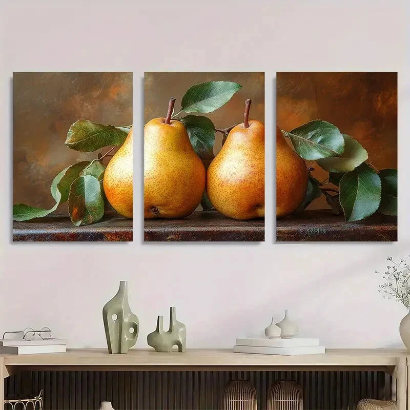 3pcs Rustic Vintage Pears Fruits Themed Metal Print Ready to Hang Art