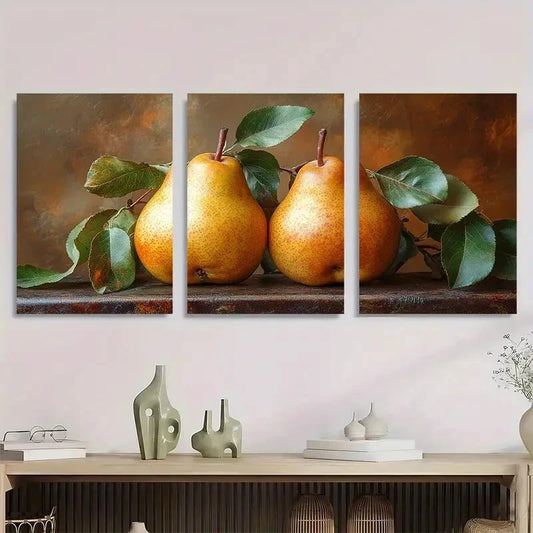 3pcs Rustic Vintage Pears Fruits Themed Metal Print Ready to Hang Art