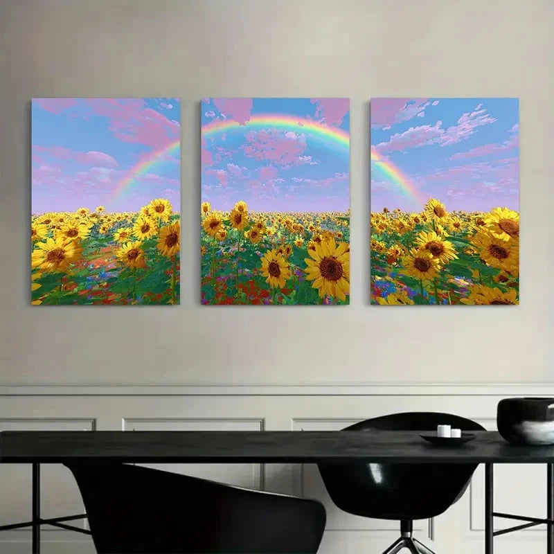 3pcs Blocky Colorful Design Sunflower Field  Wall Art Set Canvas Framed 50x70cm - High Quality Print 100% Australian Made Wall Canvas Ready to Hang