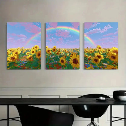 3pcs Blocky Colorful Design Sunflower Field  Wall Art Set Canvas Framed 50x70cm - High Quality Print 100% Australian Made Wall Canvas Ready to Hang