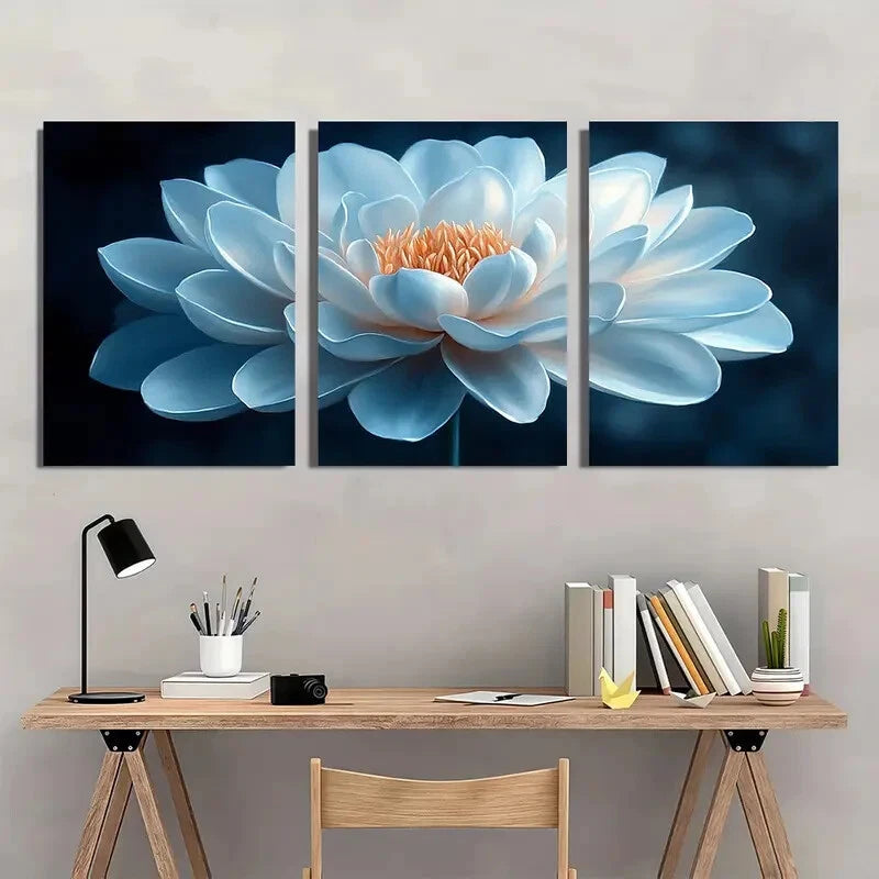 3pcs Elegant White Flower Blue & Golden Design Metal Print Ready to Hang Art