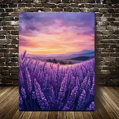Vibrant Sunset Landscape with Purple Flowers Painting 40x60cm Metal Print Ready to Hang