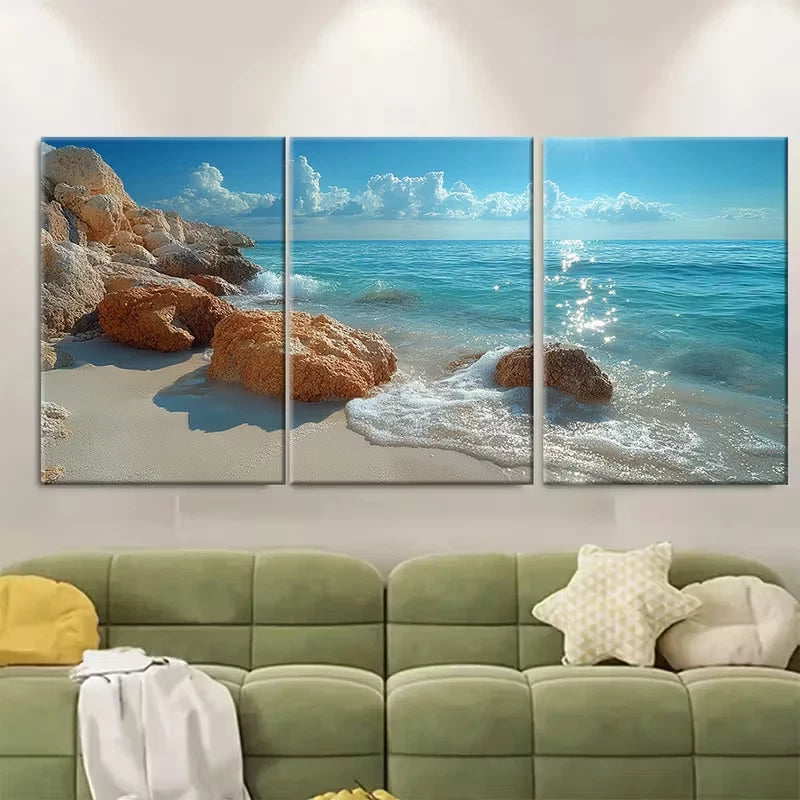 3pcs Sparkling Water Over Rocks on Sandy Shore Metal Print Ready to Hang Art