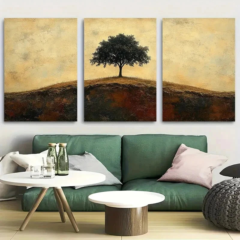 3pcs Sepia Toned Solitary Tree on Hill Metal Print Ready to Hang Art