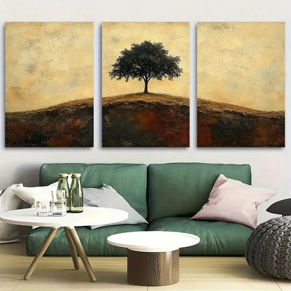 3pcs Sepia Toned Solitary Tree on Hill Metal Print Ready to Hang Art
