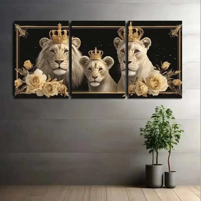 3pcs Family of Three Lions with Crowns Painting Metal Print Ready to Hang Art