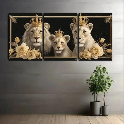 3pcs Family of Three Lions with Crowns Painting Metal Print Ready to Hang Art