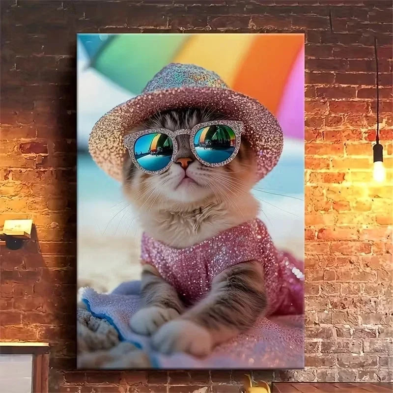 Sparkling Cat on Beach Scene Metal Print Ready to Hang