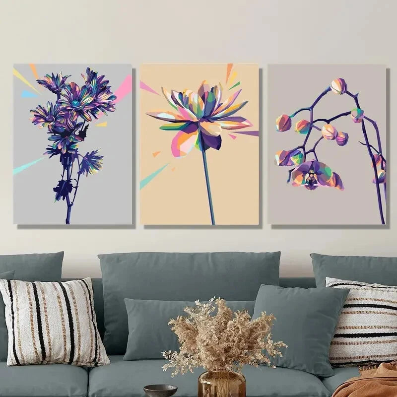 3pcs Abstract Colourful Floral Purple Gold Metal Print Ready to Hang Art