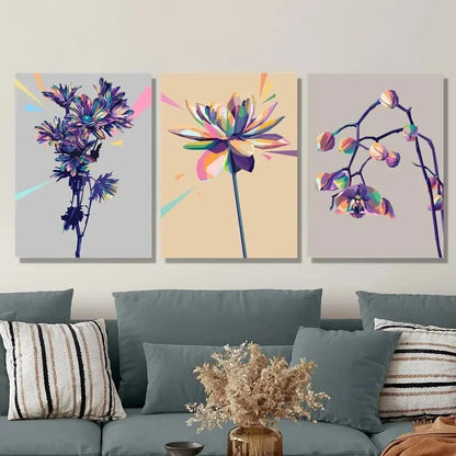 3pcs Abstract Colourful Floral Purple Gold Metal Print Ready to Hang Art