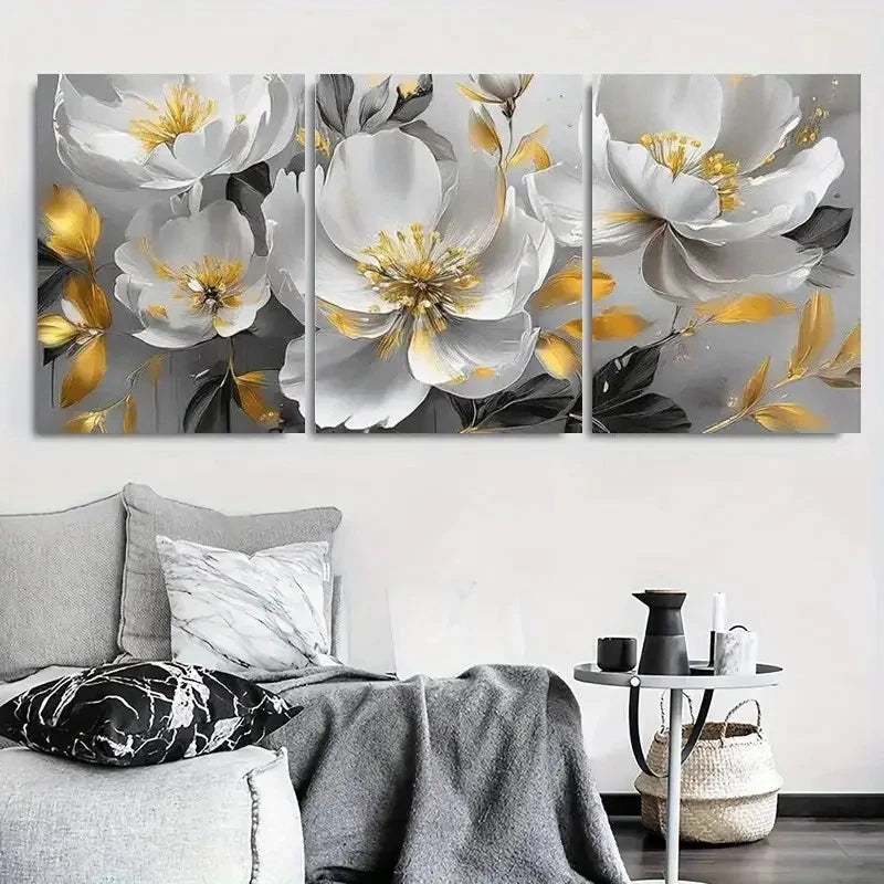 3pcs Elegant White and Golden Floral Metal Print Ready to Hang Art