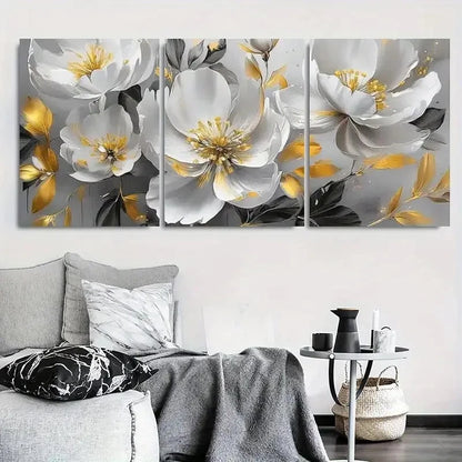 3pcs Elegant White and Golden Floral Metal Print Ready to Hang Art