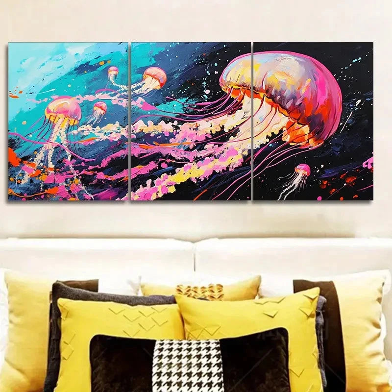 3pcs Jellyfish in the Ocean Modern Contemporary Wall Art Set Canvas Framed 40x60cm - High Quality Print 100% Australian Made Wall Canvas Ready to Hang