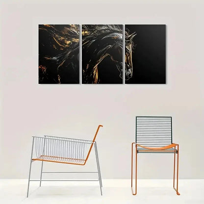 3pcs Modern Black and Golden Horse Metal Print Ready to Hang Art