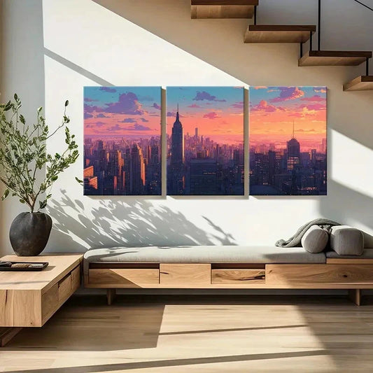 3pcs Cityscape Art Urban Skyline Sunset Glow Metal Print Ready to Hang Art