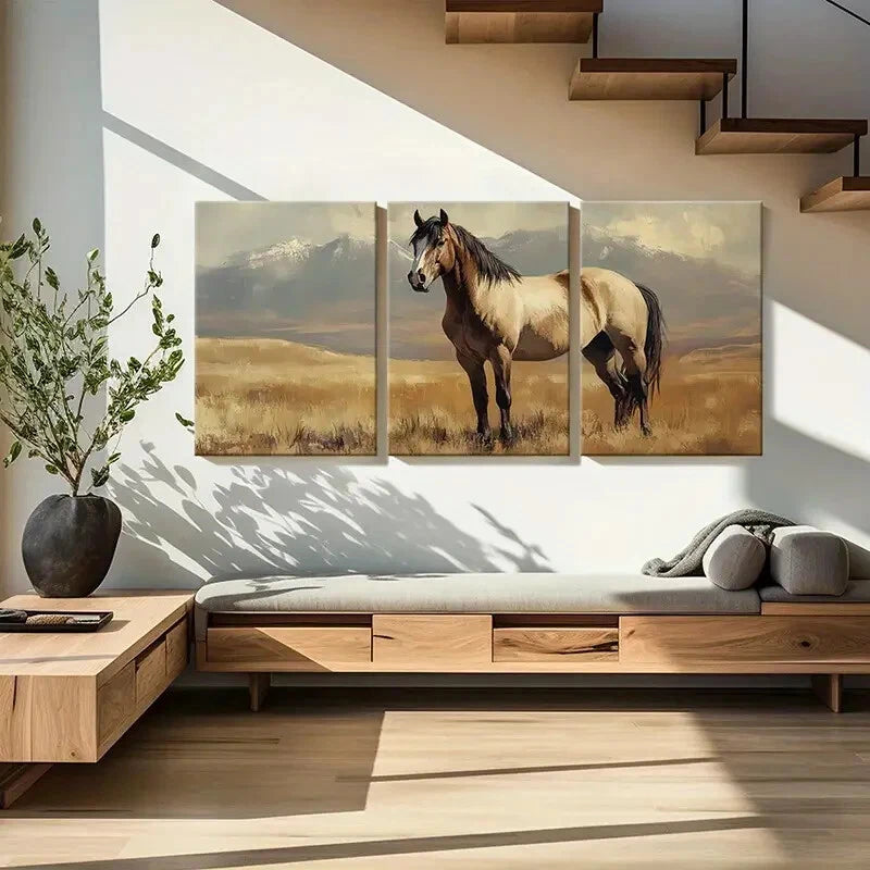 3pcs Horse Painting Mountain Landscape Metal Print Ready to Hang Art