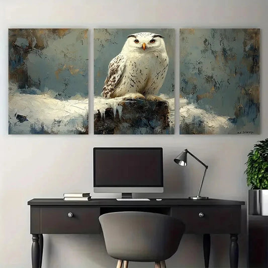 3pcs White Owl Bird Impasto Design Metal Print Ready to Hang Art