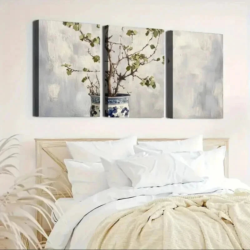 3pcs Blue & White Porcelain Vase with Branches Wall Art Set Canvas Framed 40x60cm - High Quality Print 100% Australian Made Wall Canvas Ready to Hang