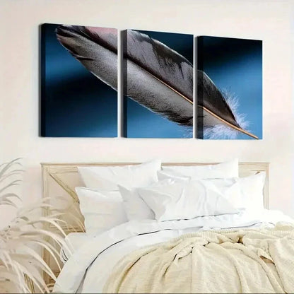 3pcs Featuring Feathers on a Blue Background Wall Art Set Canvas Framed 40x60cm - High Quality Print 100% Australian Made Wall Canvas Ready to Hang
