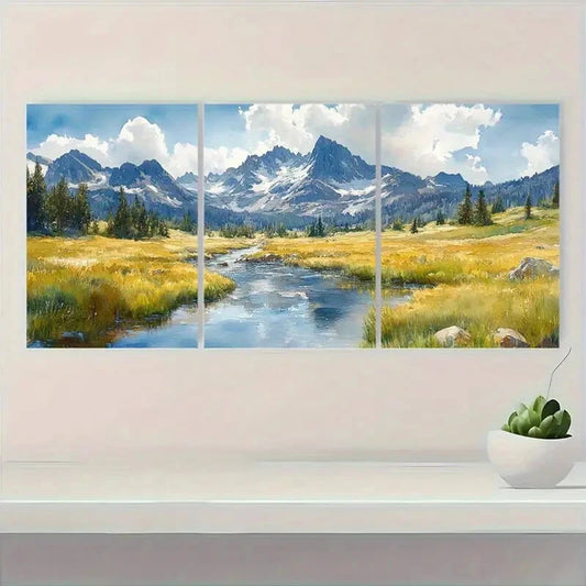 3pcs Watercolor Mountain Valley Landscape Metal Print Ready to Hang Art